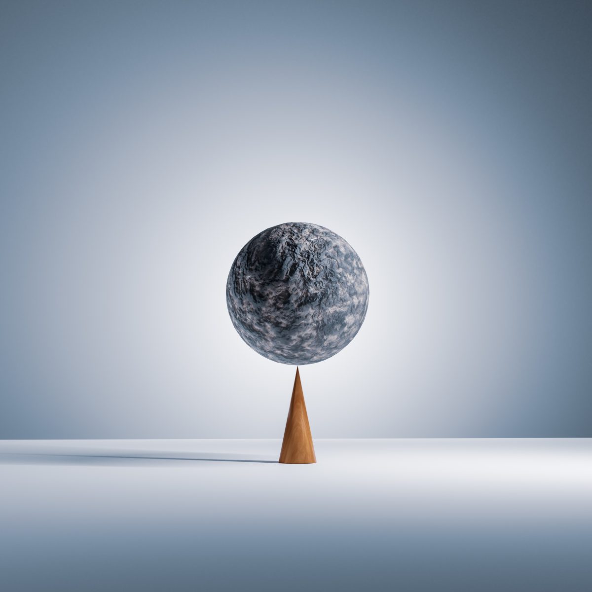 computer generated image of a stone sphere balancing perfectly on the tip of a wooden cone.