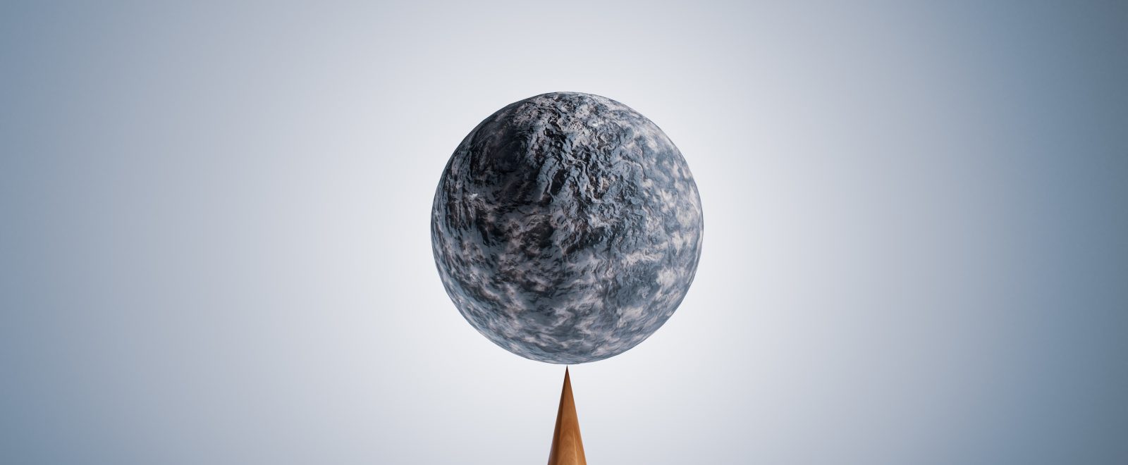 computer generated image of a stone sphere balancing perfectly on the tip of a wooden cone.