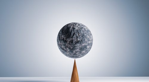 computer generated image of a stone sphere balancing perfectly on the tip of a wooden cone.