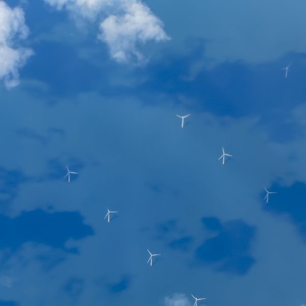 View of Wind Turbines Generating Electricity in English Channel from Aircraft