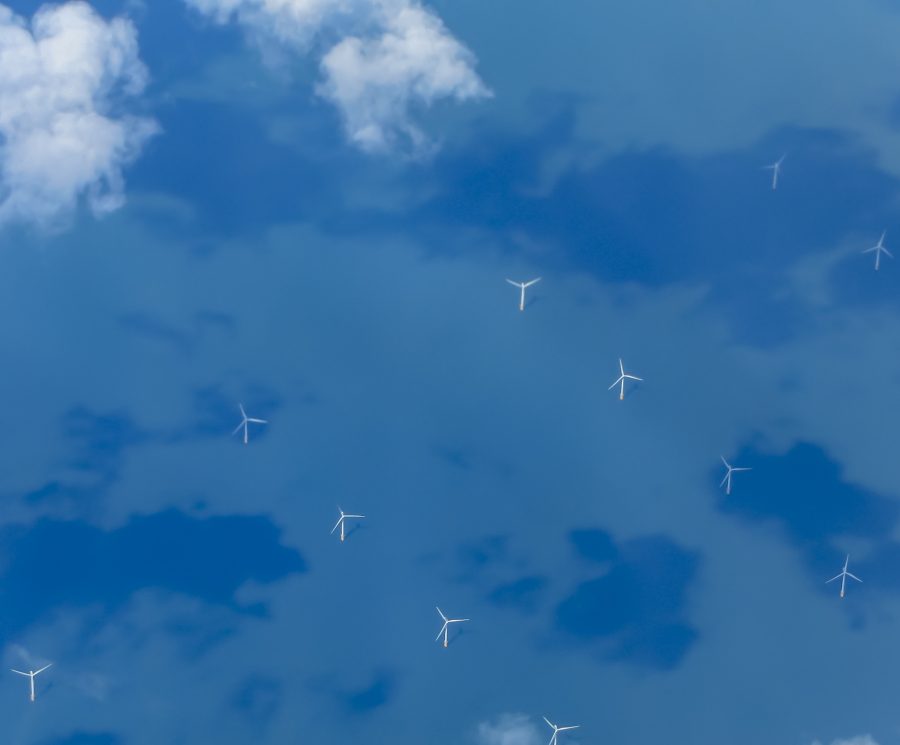 View of Wind Turbines Generating Electricity in English Channel from Aircraft