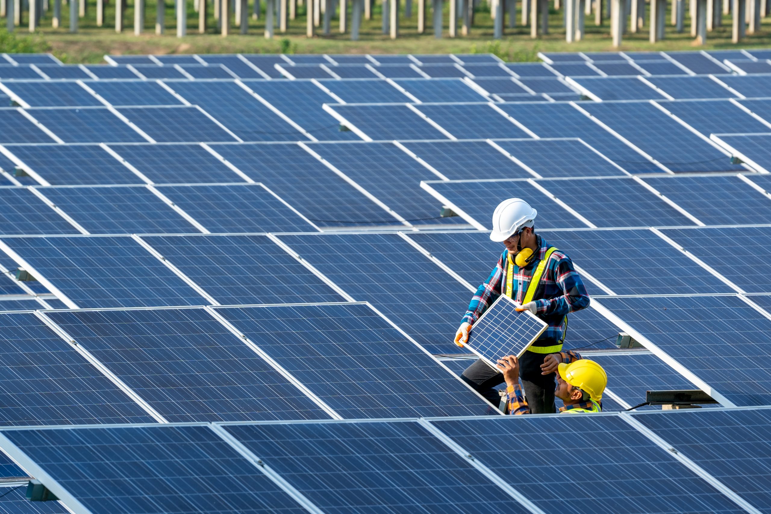 Team electrician installing solar panels working on alternative energy sources clean.