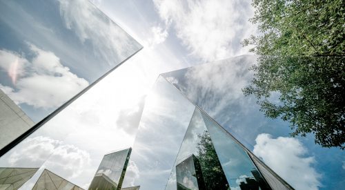 Urban landscape reflected by polyhedral glass