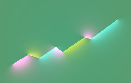 Abstract linear moving up diagram made out of glowing neon lights.