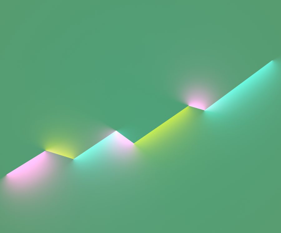 Abstract linear moving up diagram made out of glowing neon lights.