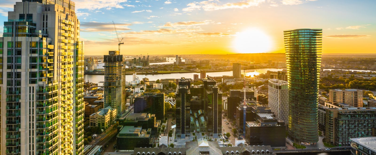 Sunrise at Canary Wharf in London, aerial view from top of the building