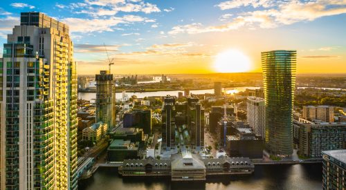Sunrise at Canary Wharf in London, aerial view from top of the building