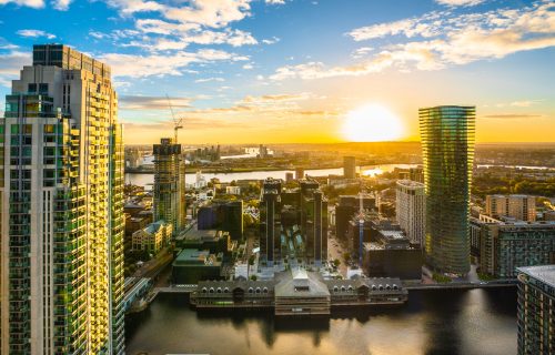 Sunrise at Canary Wharf in London, aerial view from top of the building