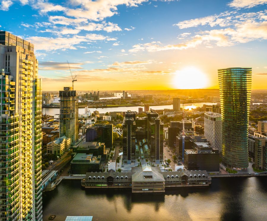 Sunrise at Canary Wharf in London, aerial view from top of the building