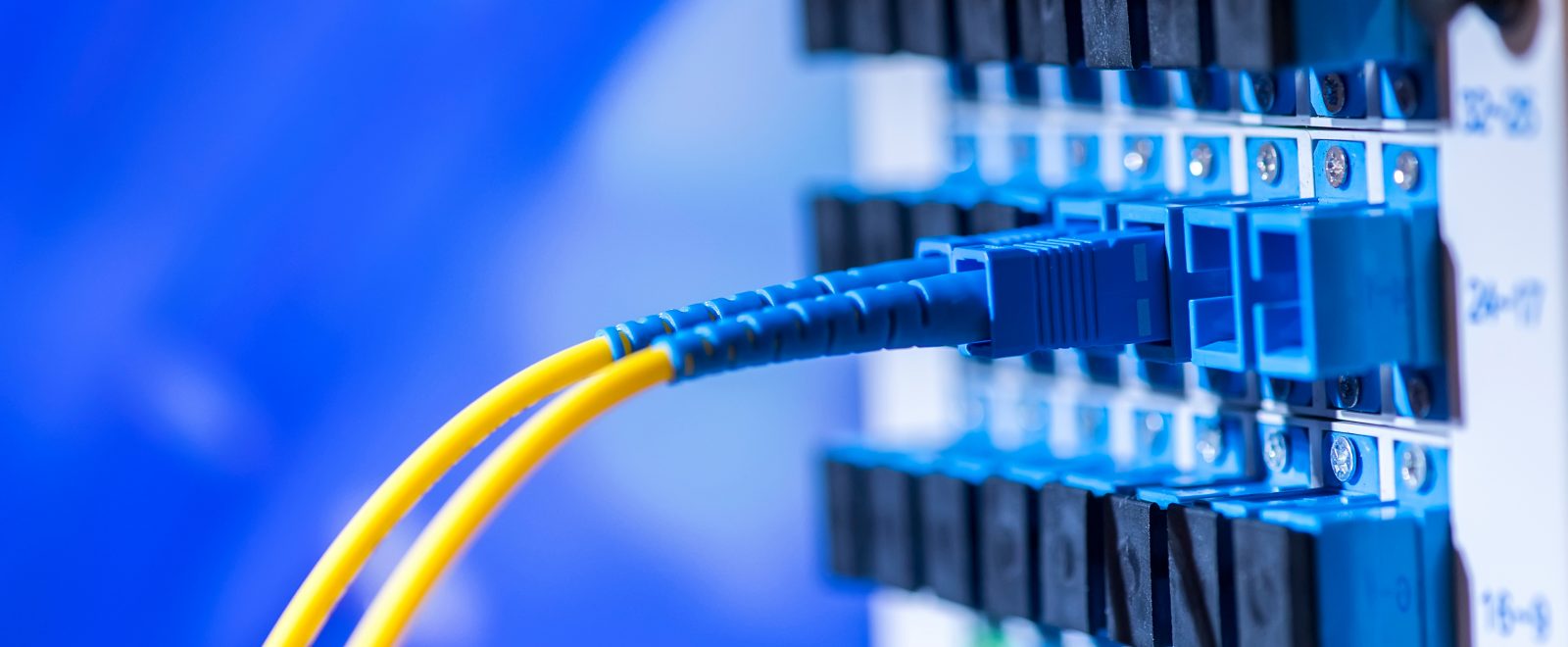 fibre optic cables plugged into communications terminal