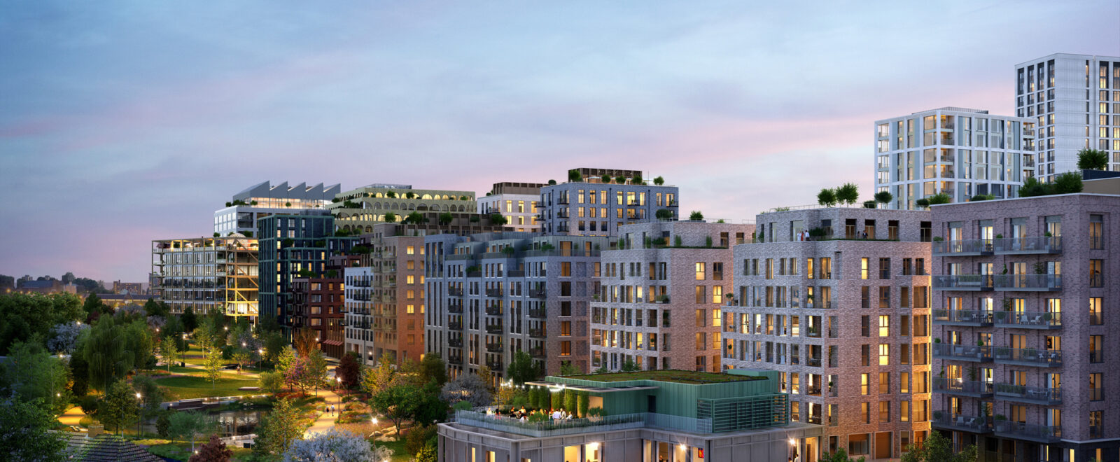 Homes beside Claremont Park at Brent Cross Town - evening