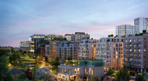 Homes beside Claremont Park at Brent Cross Town - evening