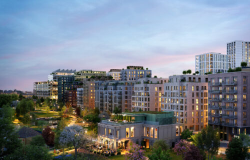 Homes beside Claremont Park at Brent Cross Town - evening