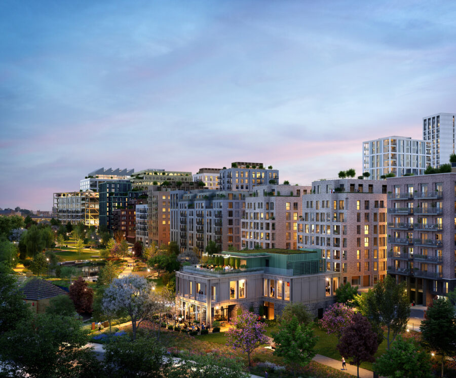 Homes beside Claremont Park at Brent Cross Town - evening