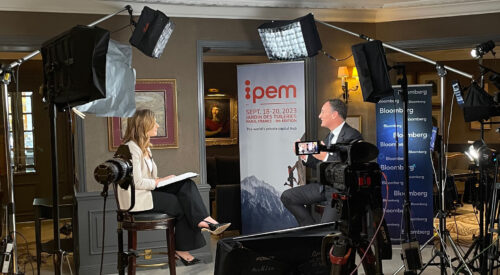 Benoît Durteste, CIO and CEO, ICG (right) being interviewed on Bloomberg TV by Dani Burger (left)