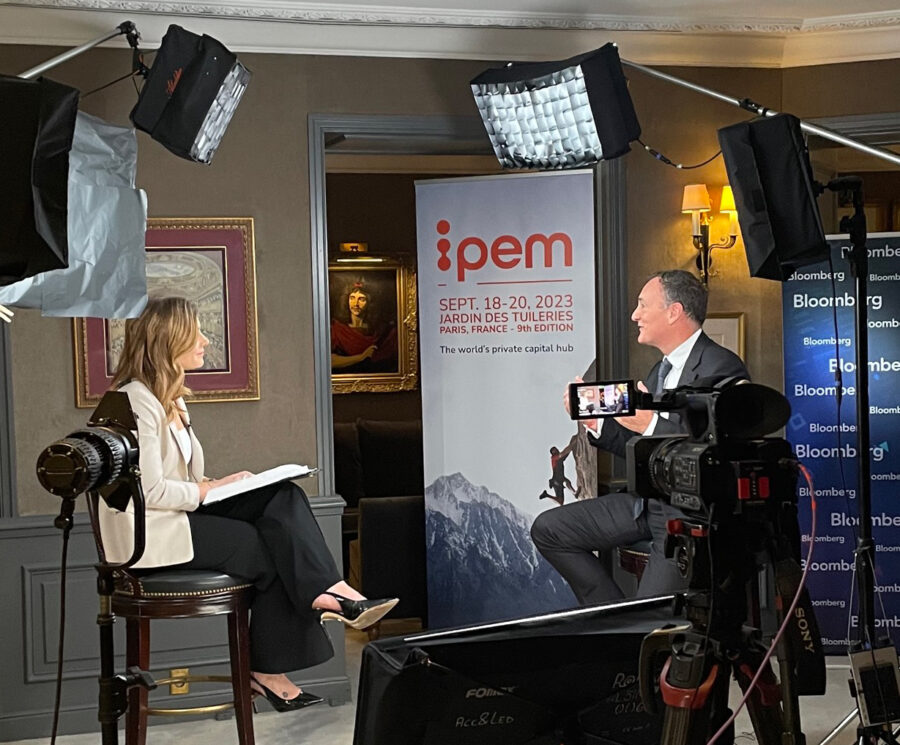 Benoît Durteste, CIO and CEO, ICG (right) being interviewed on Bloomberg TV by Dani Burger (left)