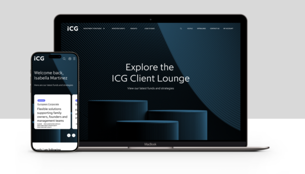 Smartphone and laptop displaying the ICG Client Lounge