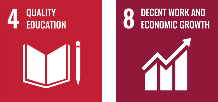 Icons representing United Nations Sustainable Development Goals 4 and 8 (Quality Education, and Decent Work and Economic Growth)
