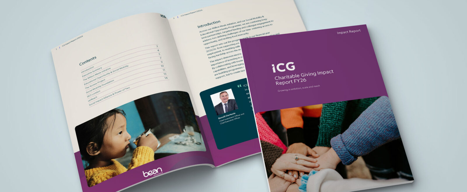 A physical version of the ICG Charitable Giving Impact Report, showing the cover and the first two interior pages with the introduction and executive summary.