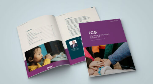 A physical version of the ICG Charitable Giving Impact Report, showing the cover and the first two interior pages with the introduction and executive summary.