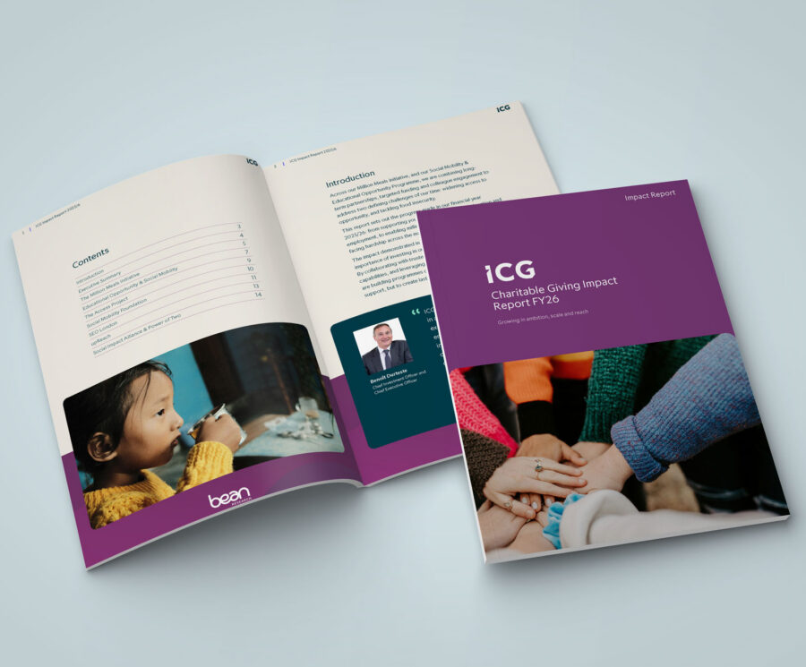 A physical version of the ICG Charitable Giving Impact Report, showing the cover and the first two interior pages with the introduction and executive summary.