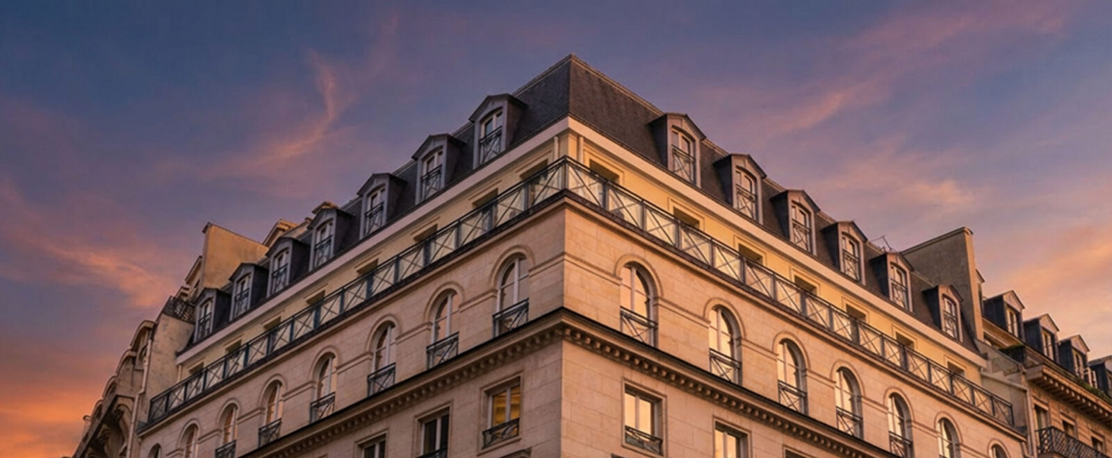 As sunset shot of the building housing ICG's Paris office.