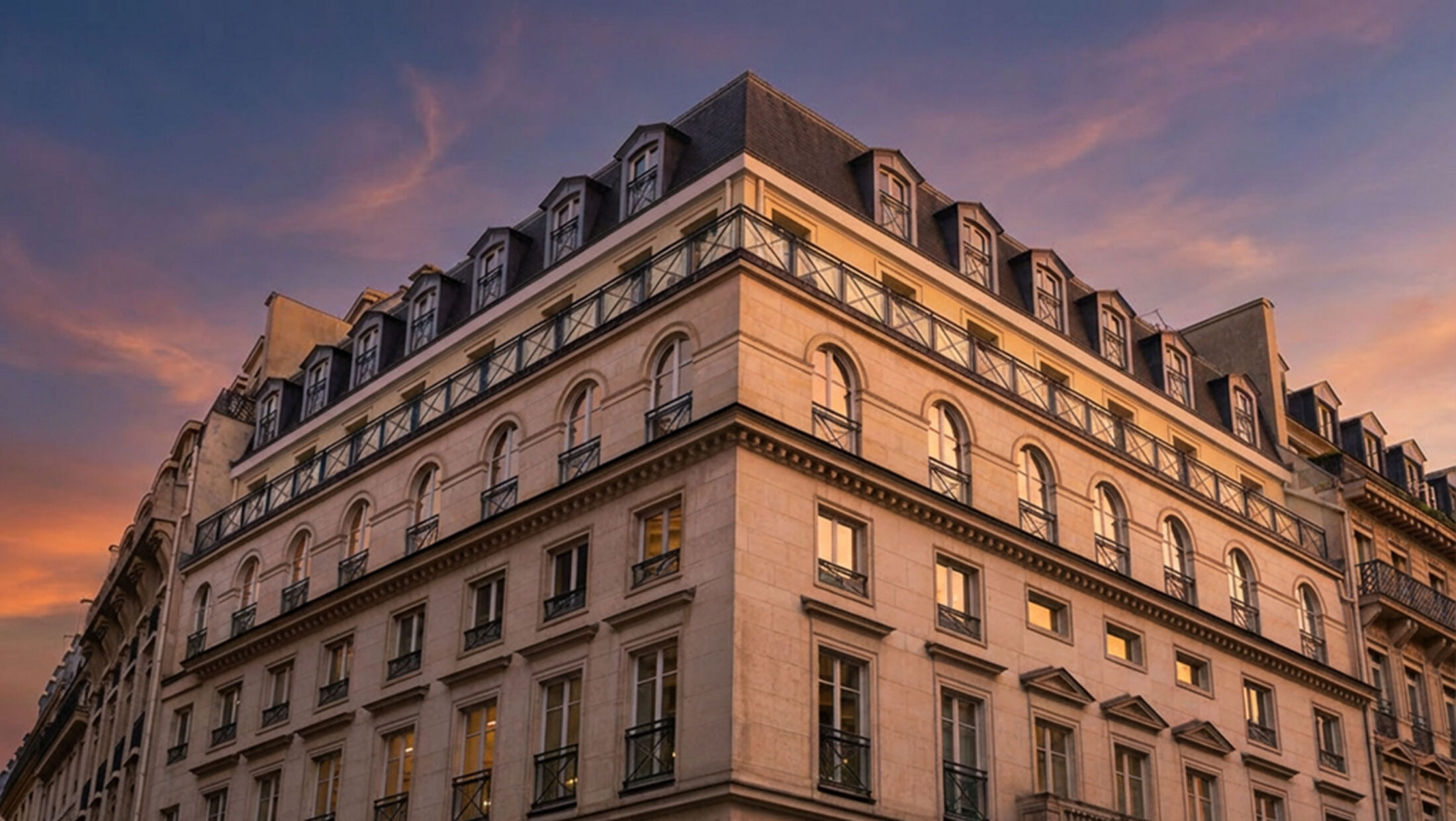 As sunset shot of the building housing ICG's Paris office.