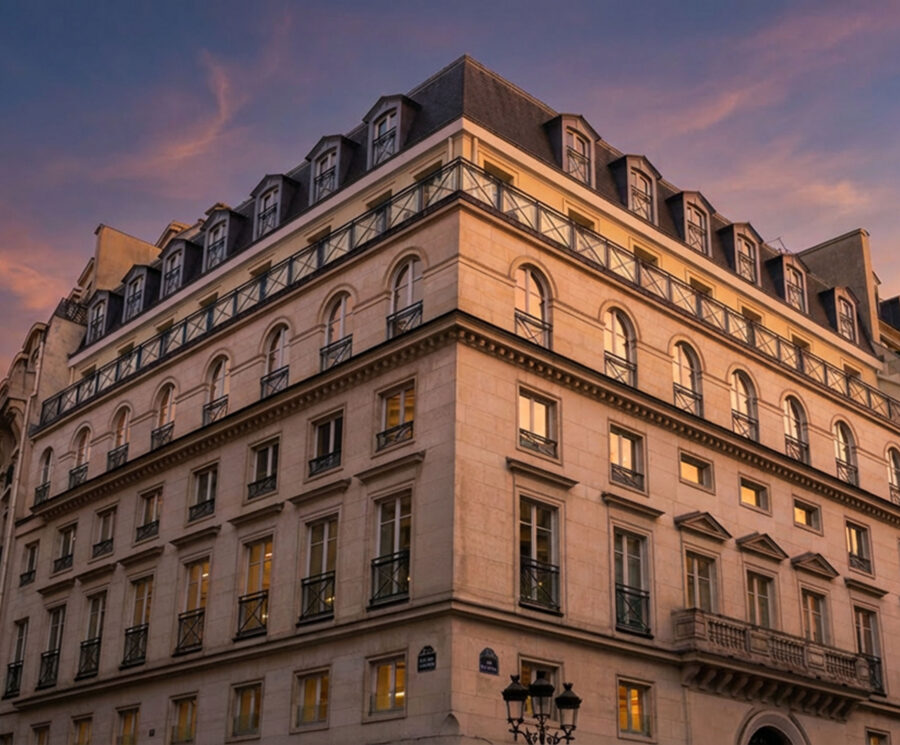 As sunset shot of the building housing ICG's Paris office.