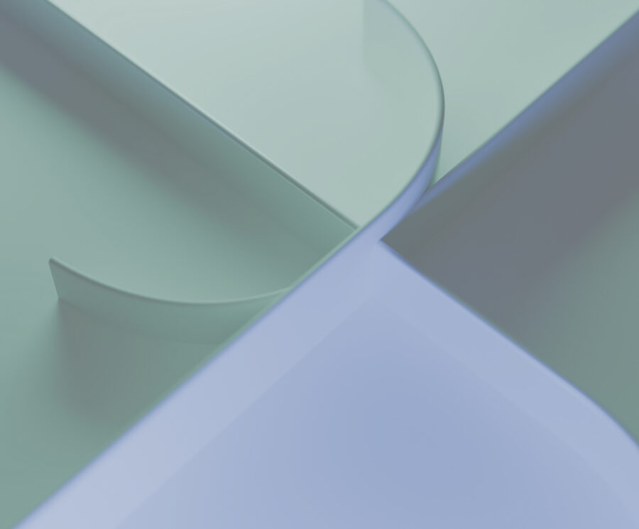 Purple and green shapes intersection in an illustration suggestive of progress