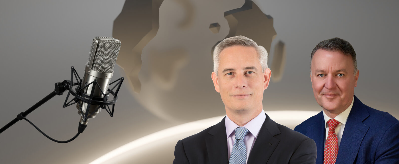 Brian Spenner, Head of North American Credit, ICG, and David Bicarregui, Chief Financial Officer, ICG, in front of an illutration of the Atlantic Ocean seen on a gold globe representing Earth, with a podcast microphone shown on the left-hand-side