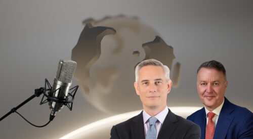 Brian Spenner, Head of North American Credit, ICG, and David Bicarregui, Chief Financial Officer, ICG, in front of an illutration of the Atlantic Ocean seen on a gold globe representing Earth, with a podcast microphone shown on the left-hand-side