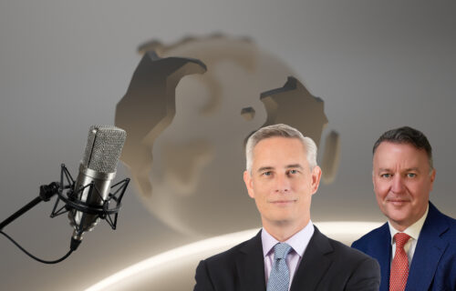 Brian Spenner, Head of North American Credit, ICG, and David Bicarregui, Chief Financial Officer, ICG, in front of an illutration of the Atlantic Ocean seen on a gold globe representing Earth, with a podcast microphone shown on the left-hand-side