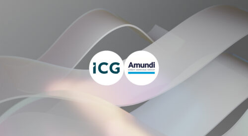 ICG and Amundi logos on a background of pale colours in the form of waves