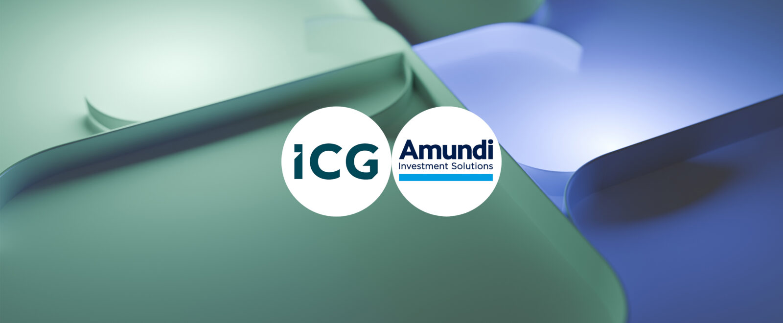 ICG and Amundi logos on an illustration made up of interconnected green and blue shapes