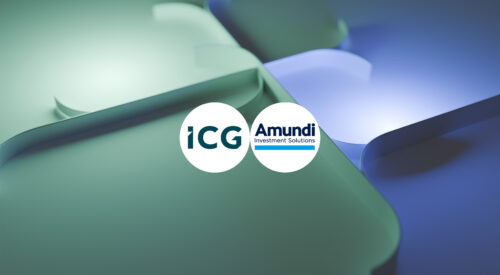 ICG and Amundi logos on an illustration made up of interconnected green and blue shapes