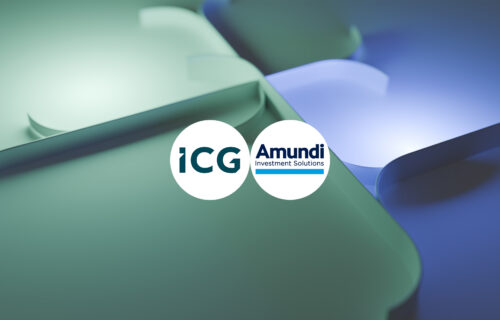 ICG and Amundi logos on an illustration made up of interconnected green and blue shapes