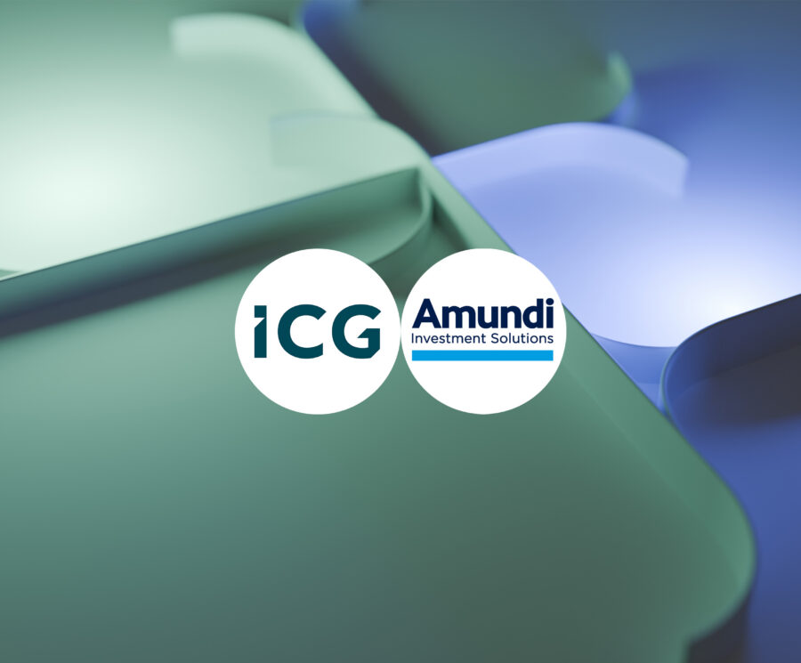 ICG and Amundi logos on an illustration made up of interconnected green and blue shapes